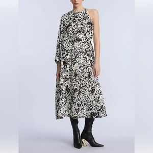 $428 NWT BCBGMaxAzria One-Sleeve Midi Dress in Dotty Print Sz 4